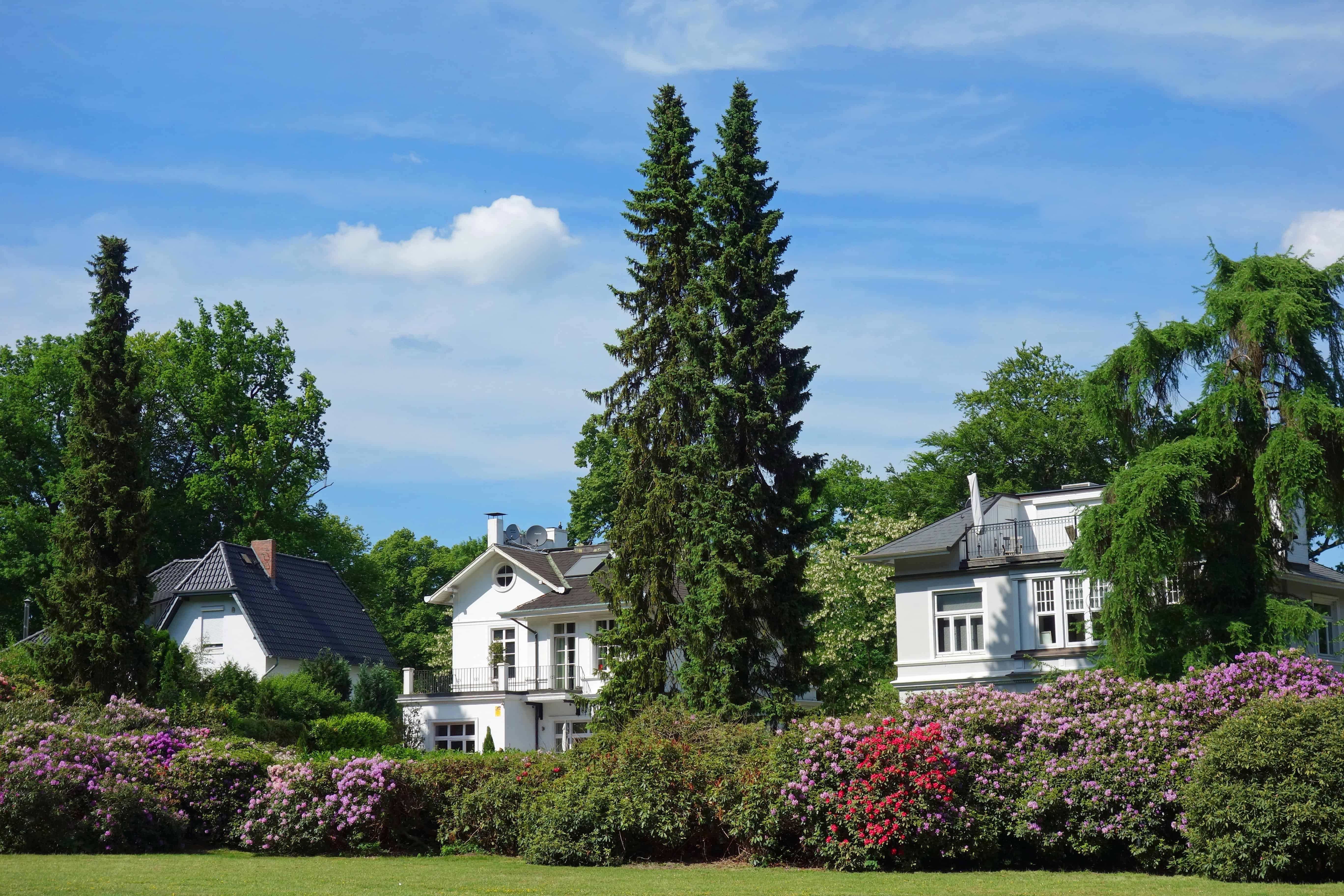 Häuser im eleganten Villenstil in Hamburg, umgeben von gepflegten Gärten und grünen Bäumen.