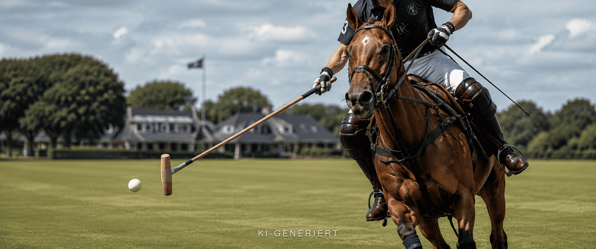 Hochwertiges Polo-Spiel auf grünem Rasen mit Pferd und Reiter in Aktion.