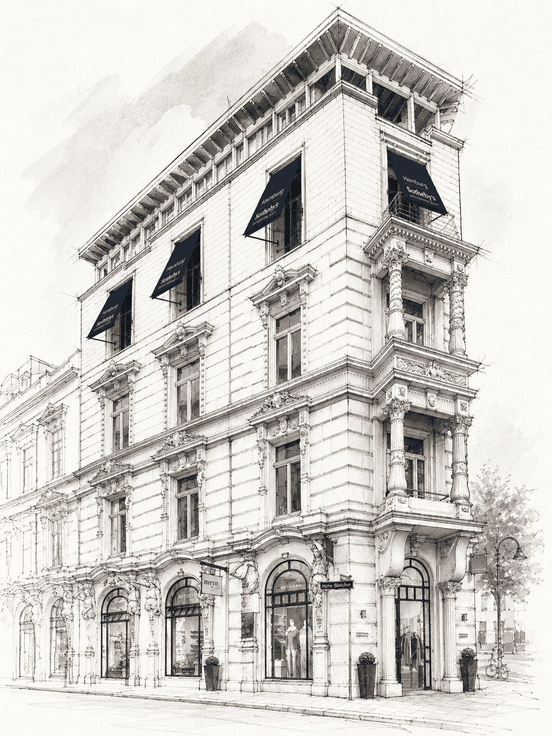 Historisches Gebäude in Hamburg mit eleganten Fassaden und Ladenfronten.
