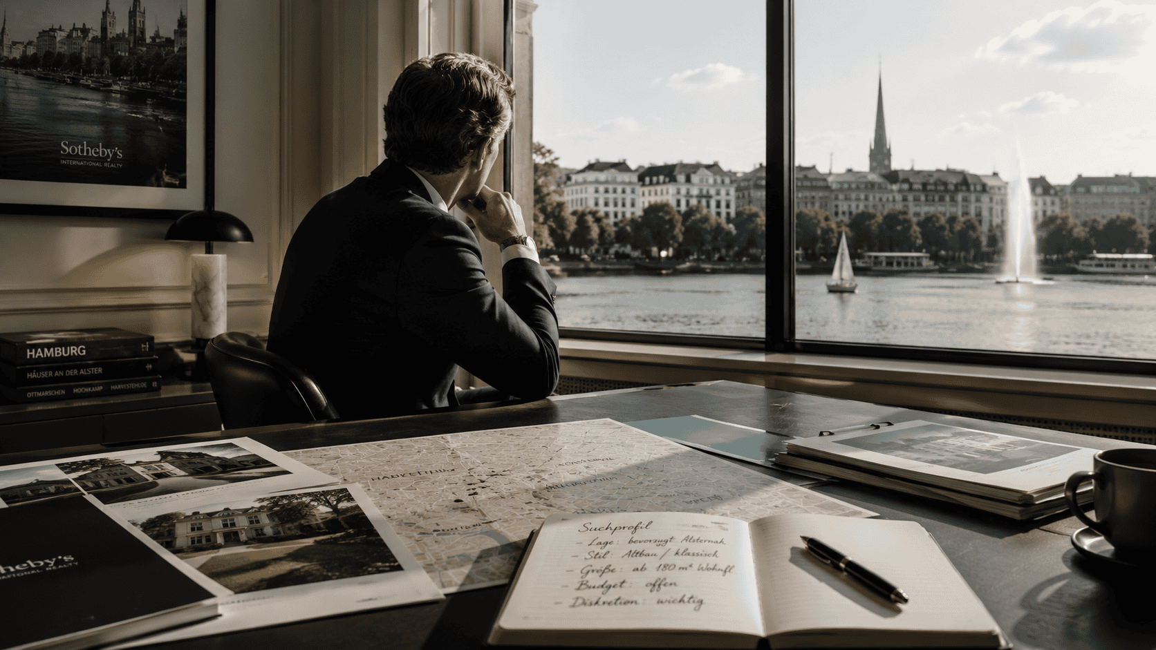 Der Mann blickt nachdenklich aus einem Bürofenster auf die Hamburger Skyline und die Elbe.