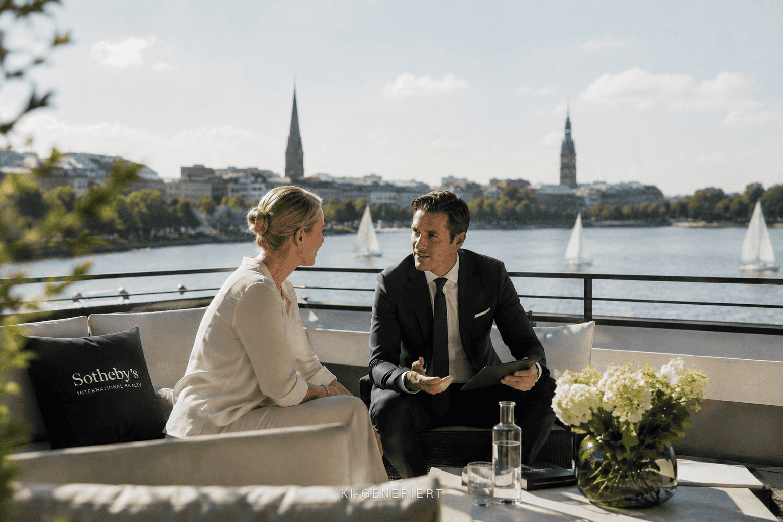 Hochwertiges Immobiliengespräch mit Blick auf die Elbe in Hamburg, Sotheby's Realty.