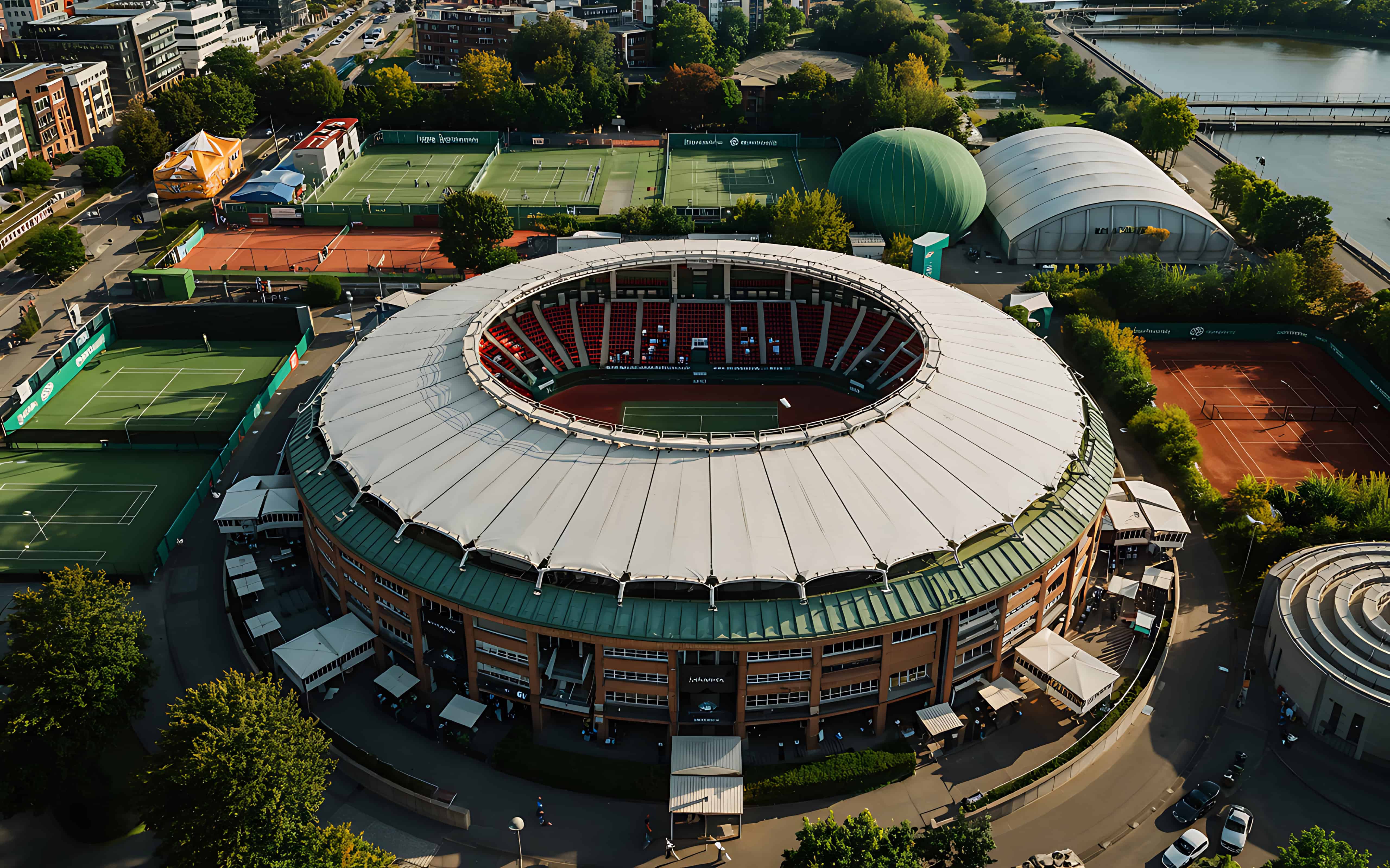 Ein modernes Tennisstadion in Hamburg mit umliegenden Sportanlagen und grünen Flächen.