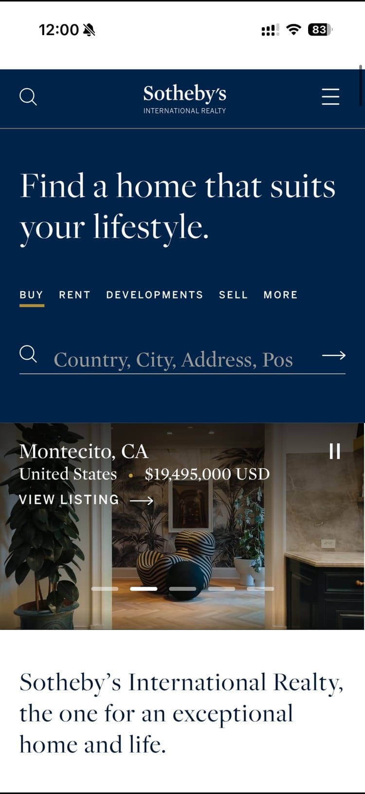 Sotheby’s International Realty App auf dem iPhone: Startbildschirm mit Immobiliensuche