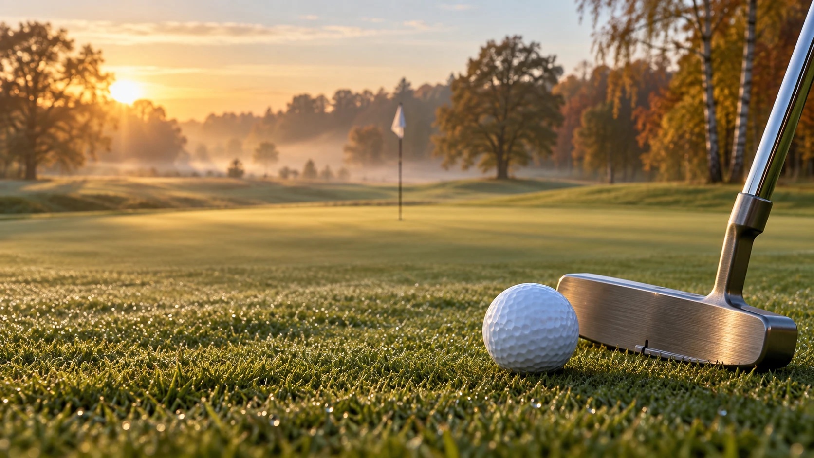 Golfball und Putter auf taunassem Grün bei Sonnenaufgang, im Hintergrund Fahne und herbstliche Bäume