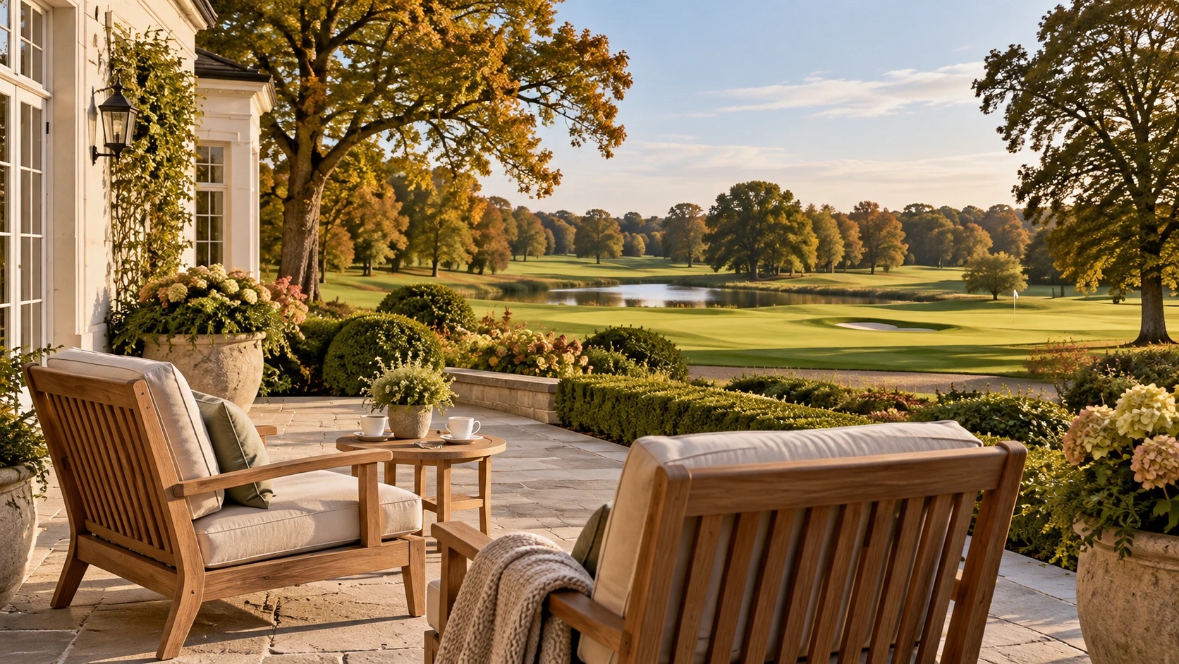 Terrasse eines Clubhauses mit Holzsesseln und Kaffee, Blick auf Fairway, Teich und Herbstbäume