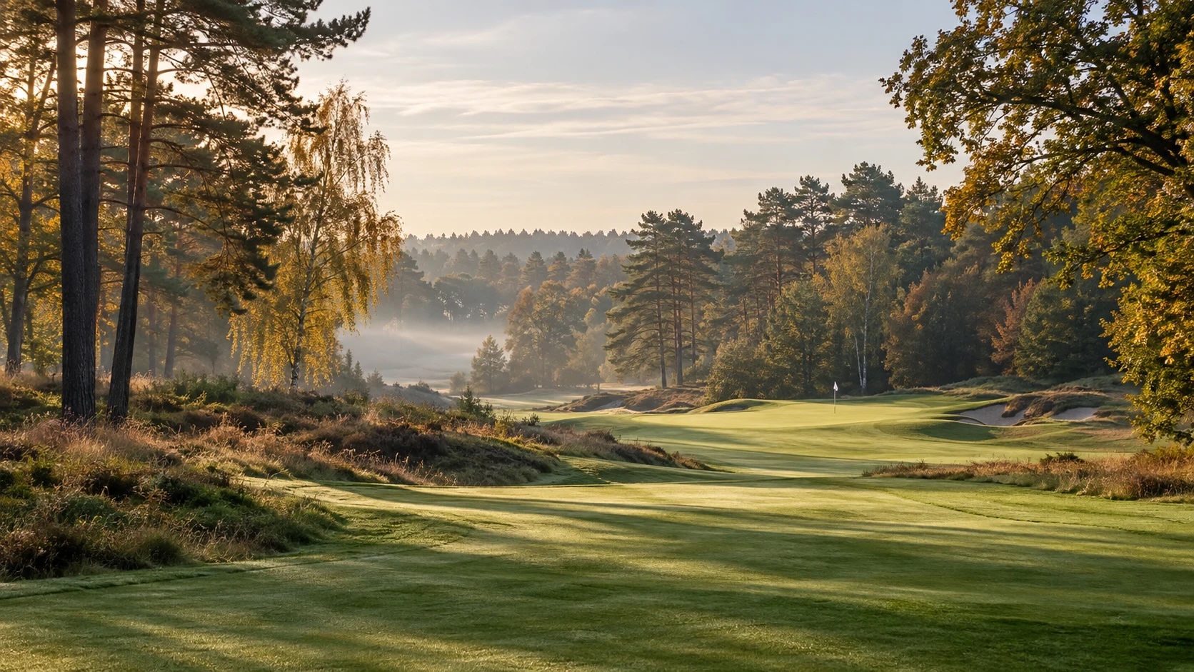 Fairway zwischen Kiefern, Birken und Heide im herbstlichen Morgenlicht, im Hintergrund Nebel über dem Wald